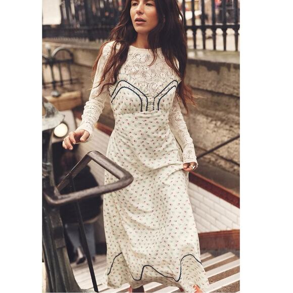 Free People Dainty Western Prairie Sweet Hearts Midi Dress in Ivory Combo Medium - Picture 15 of 16